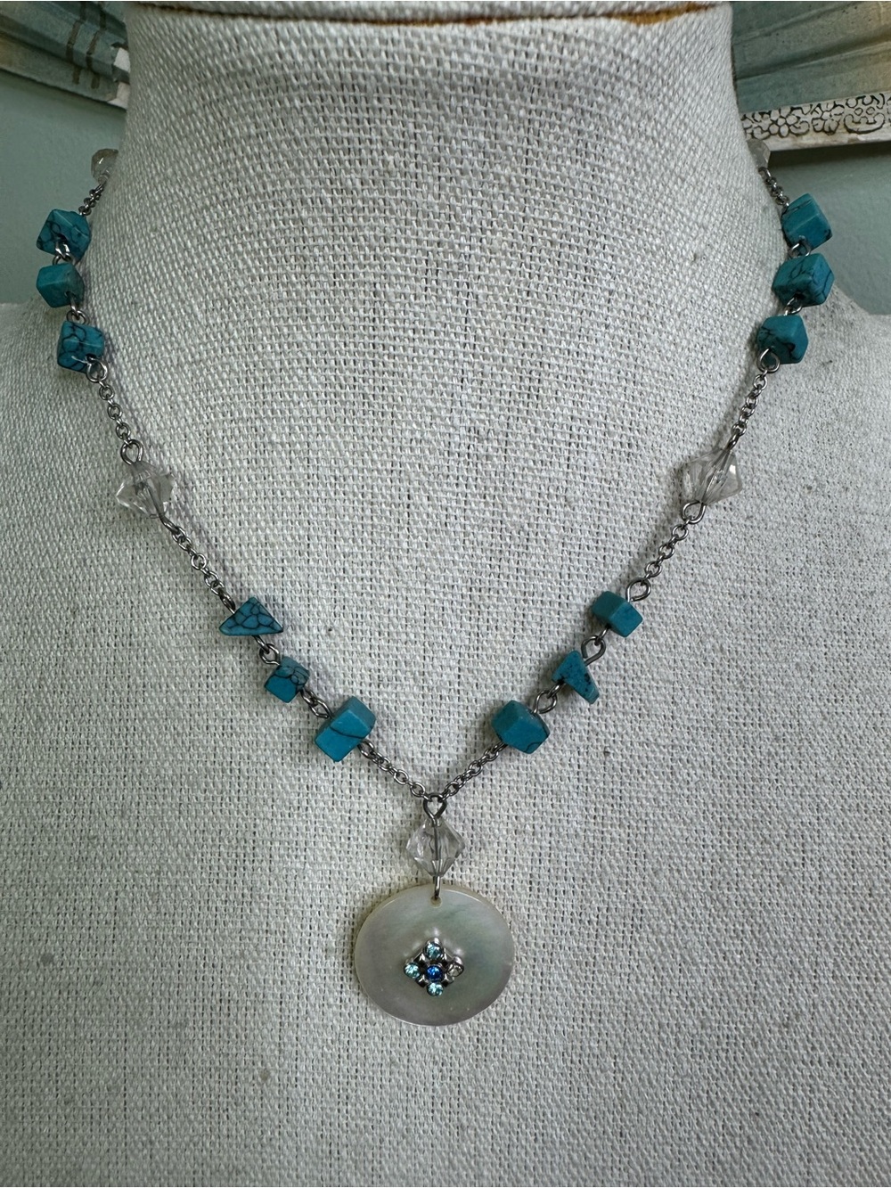 Vintage Anne Klein Turquoise Bead Choker Necklace with Mother-of-Pearl Pendant